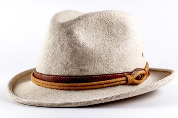 Stylish light-colored fedora hat with a leather band and unique detailing for outdoor adventures and casual outings