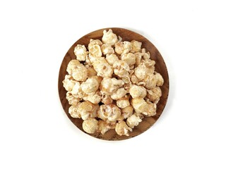 Pop corn on plate isolated on white background, Flat lay 