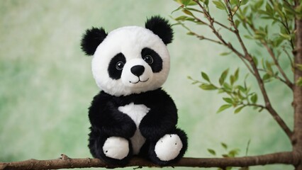 A charming plush panda toy sits perched on a tree branch, its black and white fur contrasting beautifully with the green foliage in the background