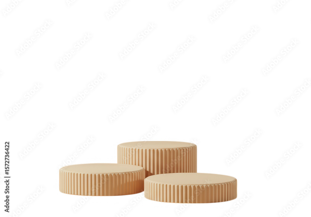 Poster three beige round podiums are arranged for product display on a transparent background