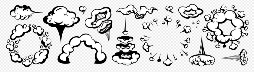 Cartoon comic smoke and cloud explosion set isolated on transparent background. Vector puff, trail, and boom effects in black outline. Ideal for stickers, comics, games, and animated scenes