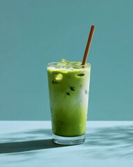 glass of iced matcha latte with straw, minimal clean aesthetic