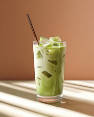 glass of iced matcha latte with straw, minimal clean aesthetic