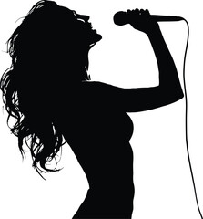 black and white hand-drawn singer silhouette — dynamic microphone pose icon for music, performance, and entertainment themes