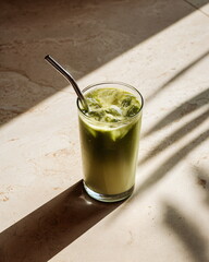 glass of iced matcha latte with straw, minimal clean aesthetic