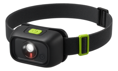 LED headlamp with adjustable strap and red light mode for night navigation