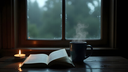 A moody indoor scene on a dark wooden table. A steaming mug of black coffee sits next to an open book generate AI