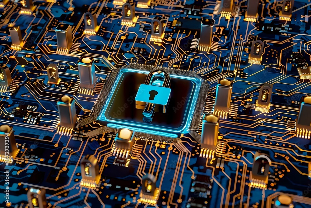 Poster glowing blue padlock icon on computer processor chip surrounded by circuit board pathways and electr