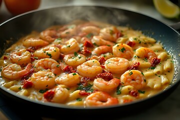 Juicy shrimp in creamy garlic sauce with herbs and red chili flakes cooking in black pan, close up view of seafood dinner preparation with rich sauce.