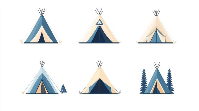 Six stylized teepees in varying blue and beige tones on a white background