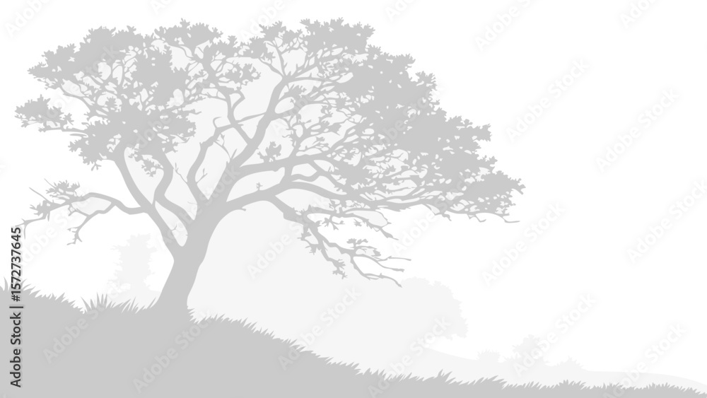 Poster vector serene grayscale image features translucent tree silhouette against soft background