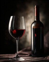 glass of red wine with bottle, dramatic low-key lighting