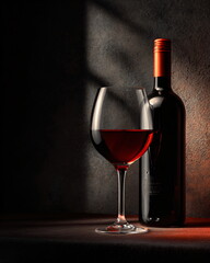 glass of red wine with bottle, dramatic low-key lighting