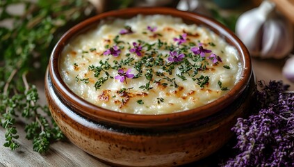 Creamy potato soup garnished with fresh herbs, edible flowers and spices in rustic ceramic bowl. Traditional homestyle comfort food with aromatic ingredients.