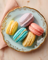 plate of colorful macarons, pastel dessert styling