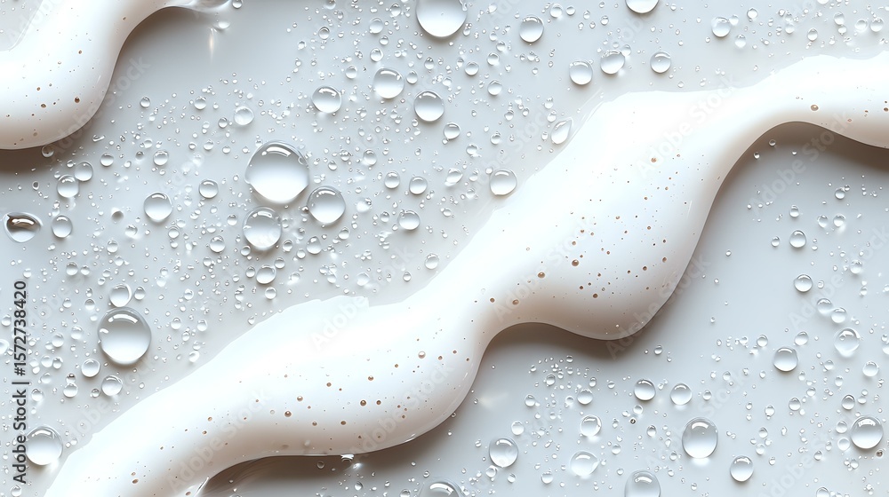 Poster pure white wavy lines with water droplets on light gray surface creating minimalist abstract pattern