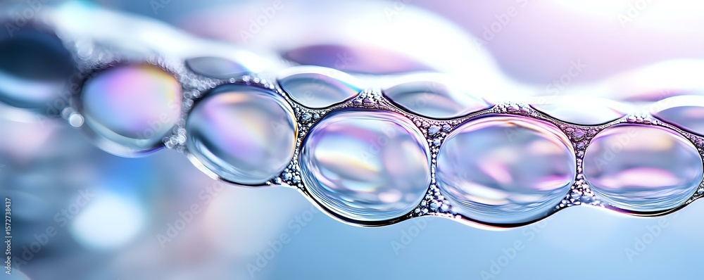 Poster macro photography of soap bubbles forming chain pattern with iridescent rainbow colors and reflectio