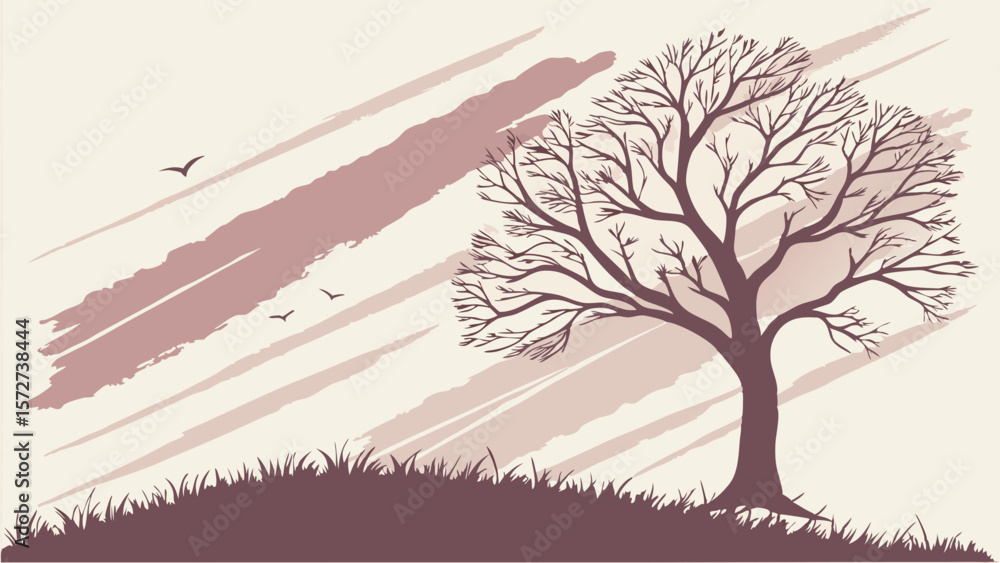 Poster vector minimalist illustration of tree with bare branches, set against soft background with abstract
