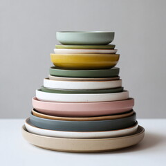 stacked ceramic plates in muted colors, modern tableware aesthetic