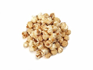 Pile of pop corn on white background, Flat lay 