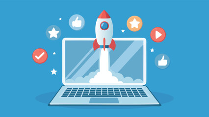 Rocket launching from laptop screen surrounded by social media icons on a blue background scene