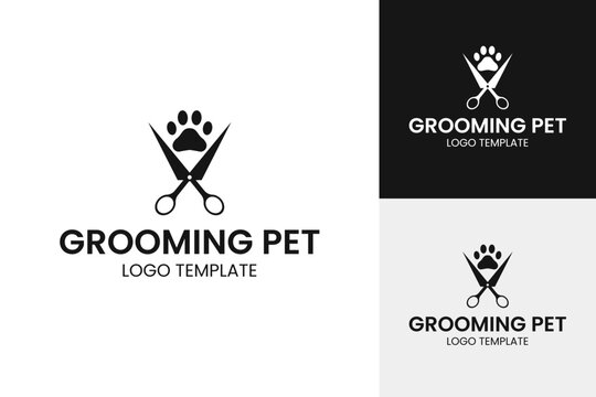 Pet grooming logo with scissors and paw icon design vector illustration