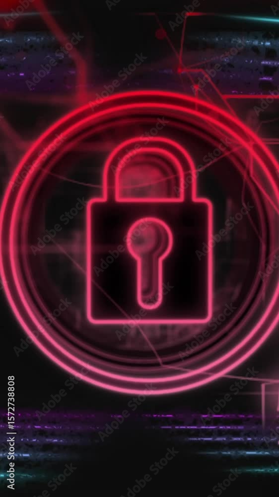 Poster glowing padlock icon and digital lines, data security animation over dark background
