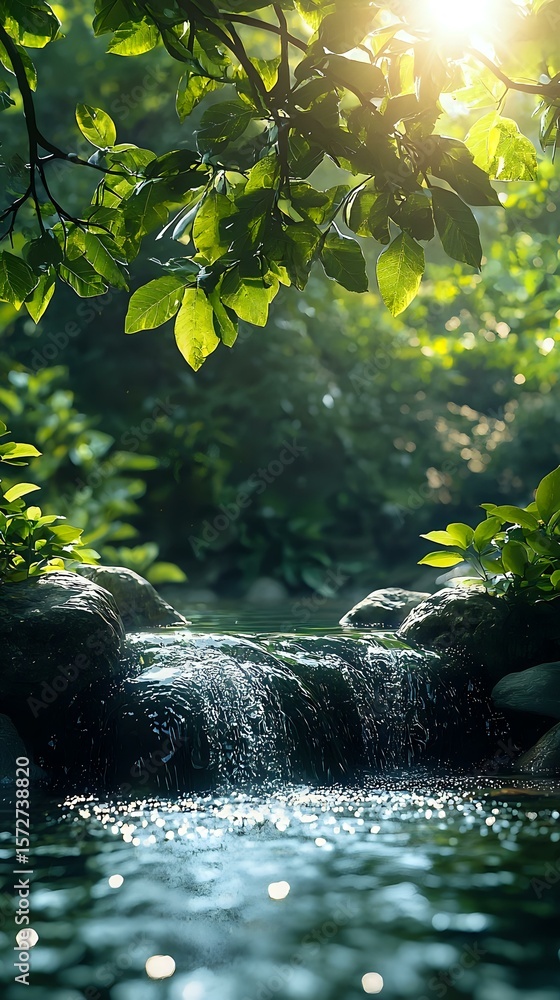 Aufkleber sunlight filtering through green leaves above small waterfall cascade over rocks in tranquil forest 