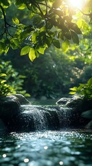 Sunlight filtering through green leaves above small waterfall cascade over rocks in tranquil forest stream, creating peaceful nature atmosphere with bokeh reflections.