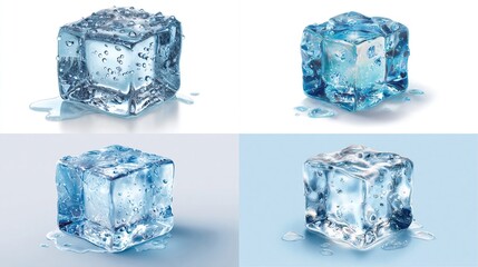 Obraz premium Four ice cubes, various shades of blue, with water droplets and reflections, on light backgrounds
