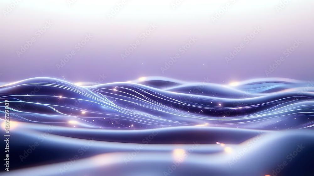 Poster glowing wavy lines creating abstract light trails against purple gradient background, dynamic flowin
