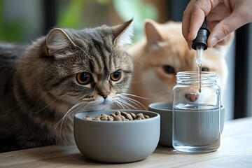 Curious cats watching as owner adds liquid supplement or medicine dropper to water glass next to bowl of dry pet food on wooden table in home setting.