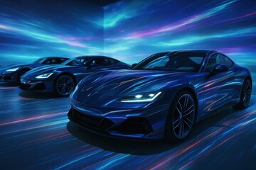 Fototapeta premium Sleek dark blue luxury sports cars in a futuristic neon lit high tech environment