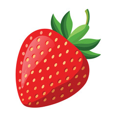 Fototapeta premium A single perfectly ripe strawberry with green leaves, isolated on white, for fruit, healthy food, summer, or fresh produce.