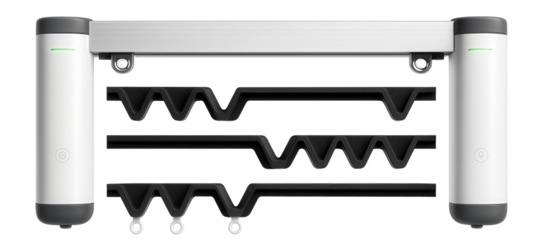 Smart curtain track system with dual motor setup and zigzag rail pattern