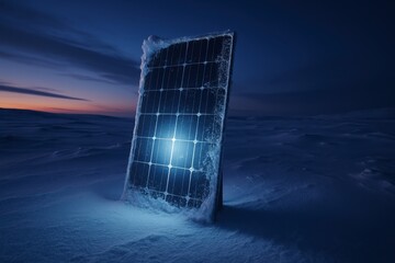 Single solar panel covered in ice and snow in a vast, cold arctic winter landscape