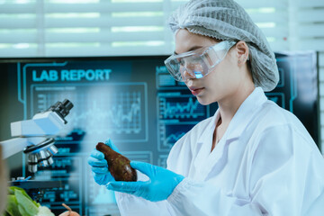 A food scientist conducts research and analysis in a laboratory, focusing on nutrition, safety, and...
