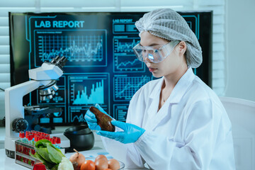 A food scientist conducts research and analysis in a laboratory, focusing on nutrition, safety, and...