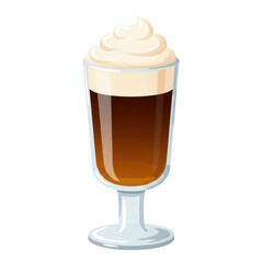 A delicious coffee drink topped with whipped cream served in a tall glass