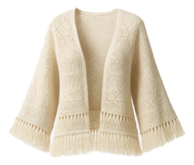 Open-knit cardigan with bell sleeves and fringed hemline