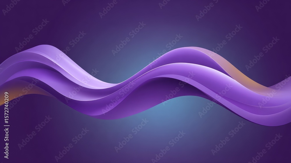 Poster abstract purple wave shapes with glossy finish reflecting light, floating over gradient background