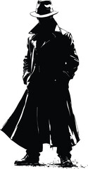 black and white hand-drawn detective silhouette — trench coat and fedora icon for mystery, noir, and narrative design