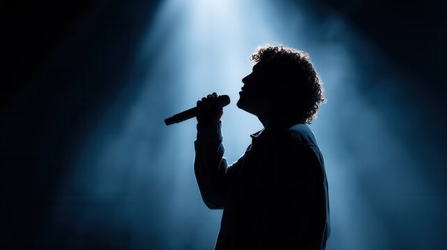 Silhouette of male singer with microphone in dramatic stage lighting.