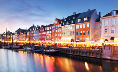 Copenhagen Nyhavn, New port of Copenhagen, sunset in Denmark