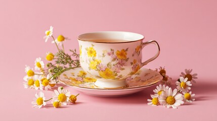 Fototapeta premium Tea cup and saucer with chamomile flowers on a dusty pink background