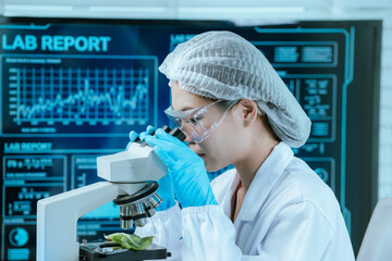 A food scientist conducts research and analysis in a laboratory, focusing on nutrition, safety, and...