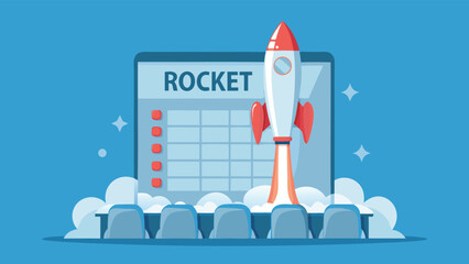 Illustration of a rocket launching in front of a calendar with the word rocket on the top row
