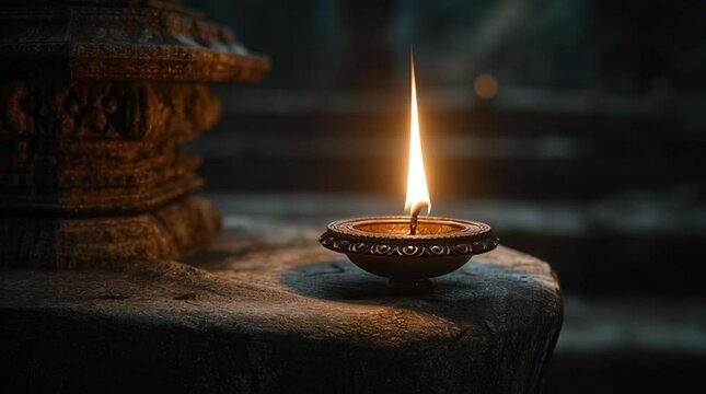 Traditional oil lamp burning on stone surface in dim environment  