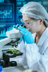 A food scientist conducts research and analysis in a laboratory, focusing on nutrition, safety, and...