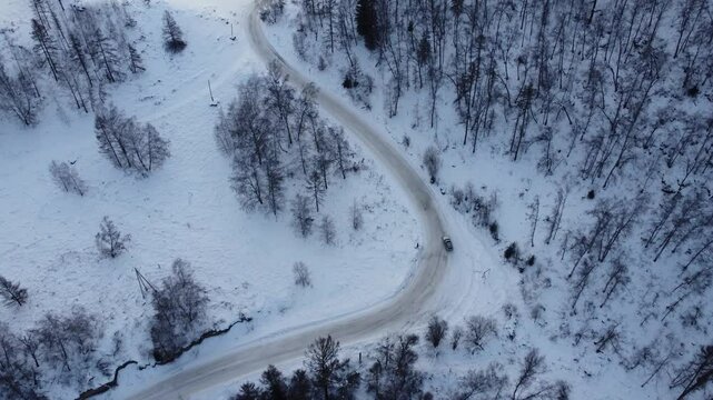 Drone footage of snowy mountains, valleys, and forests in Ust-Koksa, Altai Republic, Russia, under clear skies, showing the remote region&rsquo;s beauty during winter.
